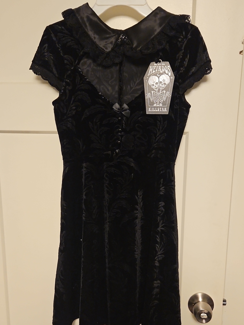 Killstar Black Velvet Brocade Dress with Lace Peter Pan Collar